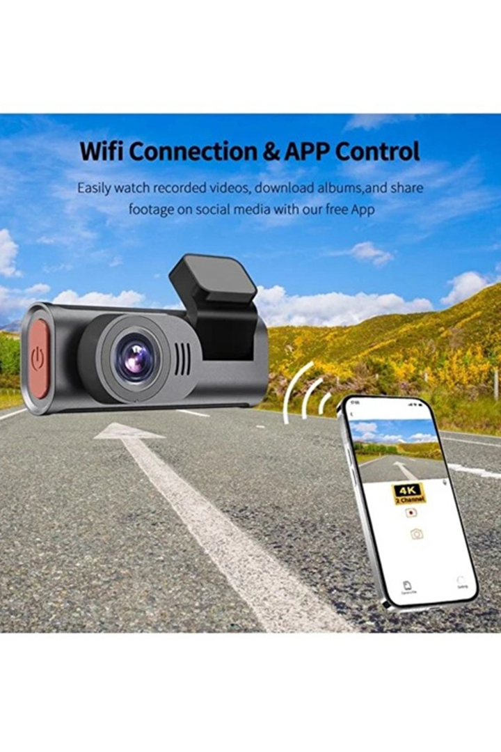 4k Wifi Çift Kameralı Araç Kamerası Gece Görüşlü G-sensörlü Dash Cam 170 Derece