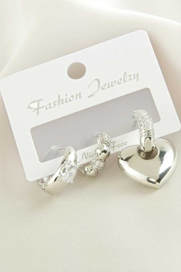 3 Adet Kalp  Zirkon Taşlı Küpe