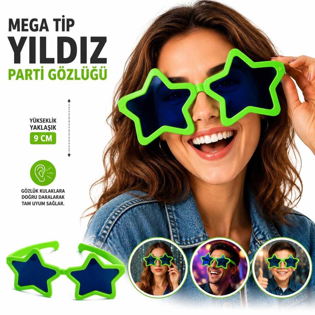 Mega Tip Yıldız Parti Gözlüğü Yeşil Renk (5430)
