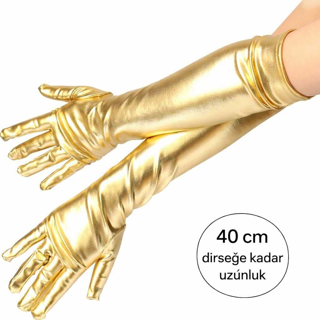 Altın Renk Dirsek Altı Lüks Saten Eldiven 40 cm (5430)