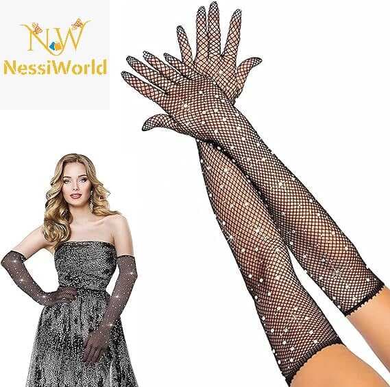 Siyah Renk İncili Elmas İşlemeli File Örgü Uzun Eldiven 45 cm