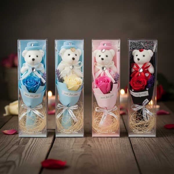 Şeffaf Kutulu Ayıcıklı Gül Buketi