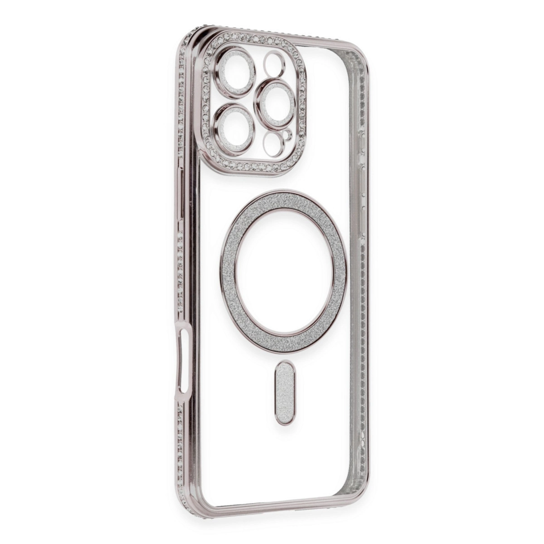 Apple İphone 16 Pro Kılıf Joke Simli Magneticsafe Kılıf - Pembe