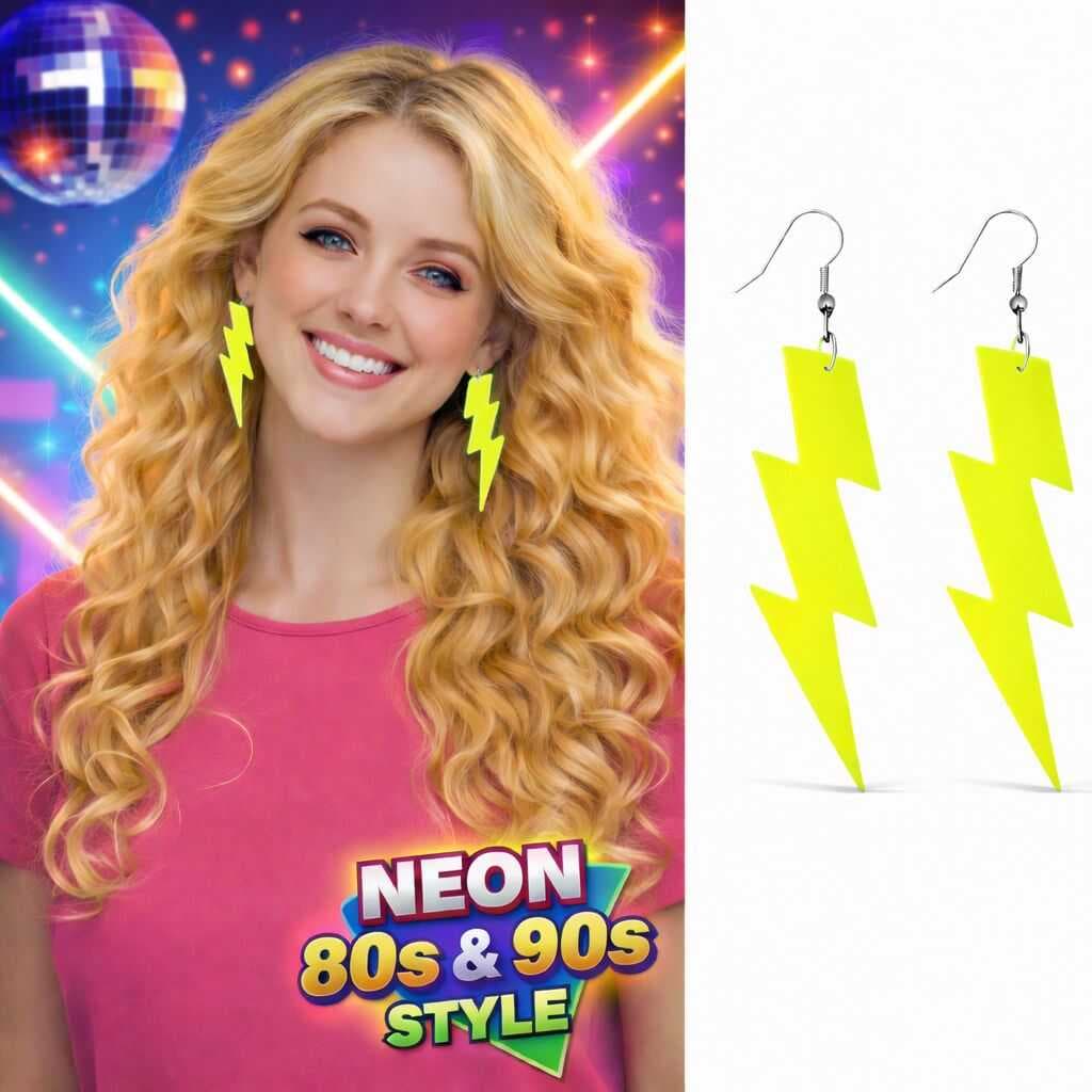 80’ler 90&amp;apos;lar Retro Neon Sarı Şimşek Küpe 10 cm (5430)