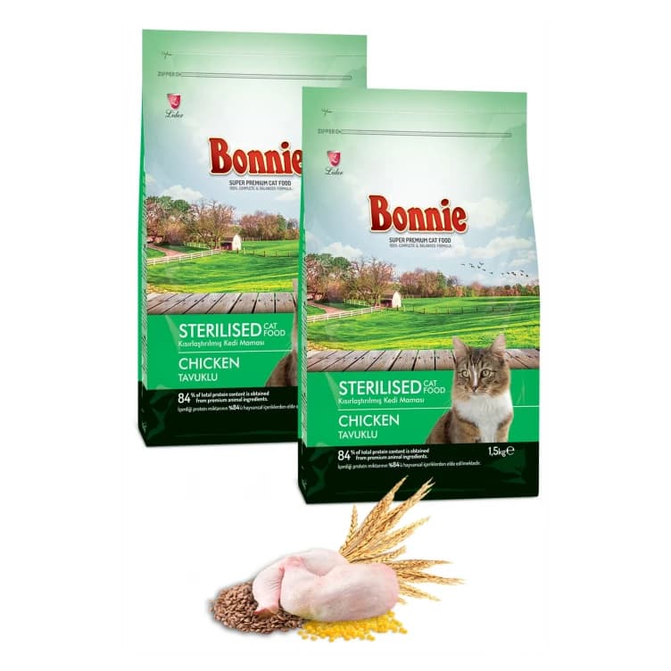Bonnıe Kısırlaştırılmış Tavuklu Kedi Maması 1,5 Kg x 2 Adet