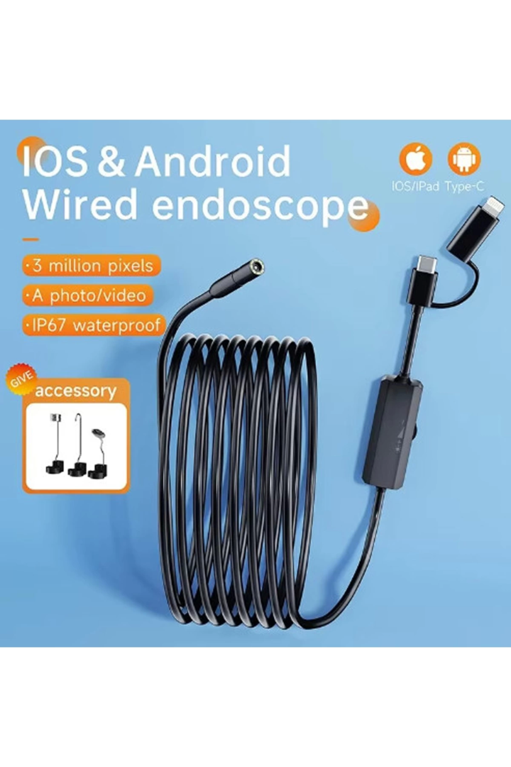 5 Metre Endoskop Yılan Video Kamera Ios Ve Android Uyumlu Led’li 8 Mm Sert Kablo 2mp