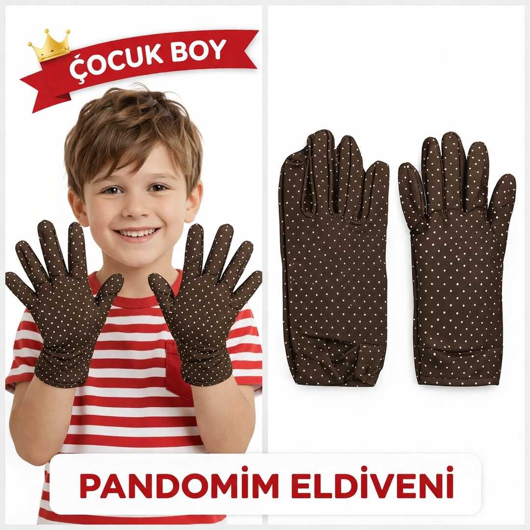 Çocuk Boy Pandomim Eldiveni Beyaz Puantiyeli Kahve Renk Gösteri Eldiveni 23 Nisan 19 Mayıs (5430)