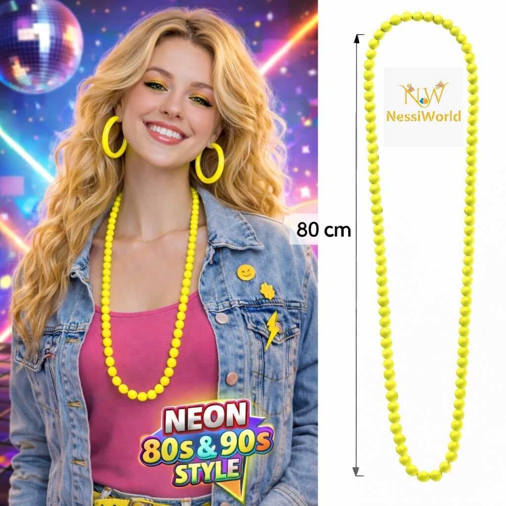 Neon Sarı Boncuk Kolye 80 cm – Retro 80’ler 90’lar Parti Aksesuarı