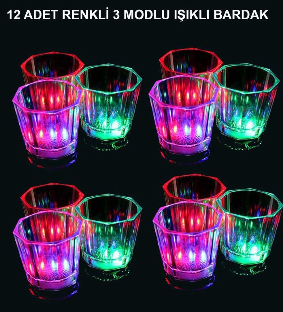LED Işıklı Eğlence Bardakları - 3 Modlu Renk Değiştiren Bardak 12 Adet (5430)