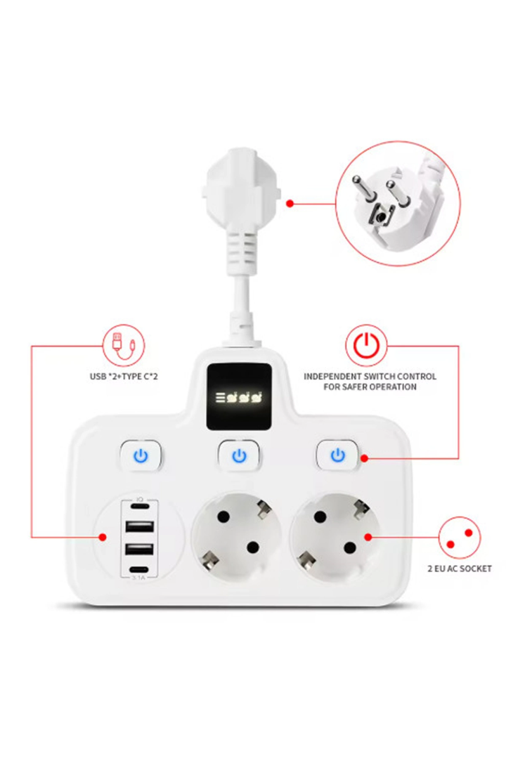Vtn-503 Akım Korumalı Duvar Tipi Priz 2x Usb 2x Priz Typce 20w