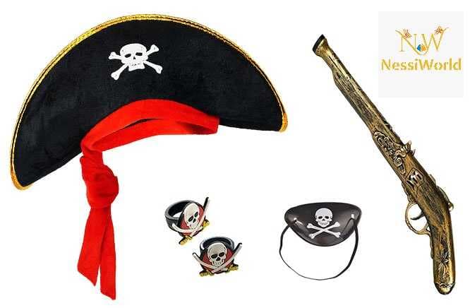 Korsan Şapkası + Tabanca + Maske + 2 Adet Yüzük Kostüm Seti Çocuk