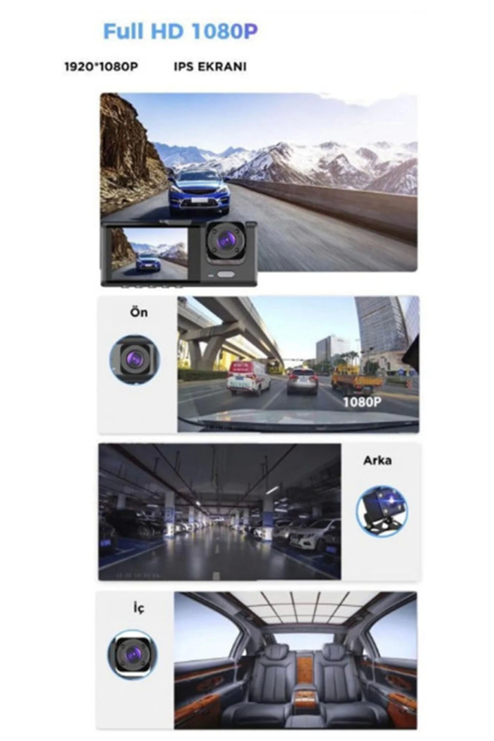 Araç İçi 1080p 3 Kameralı Lcd Ekranlı Gece Görüşlü , G-sensör , Geri Görüş Kamera
