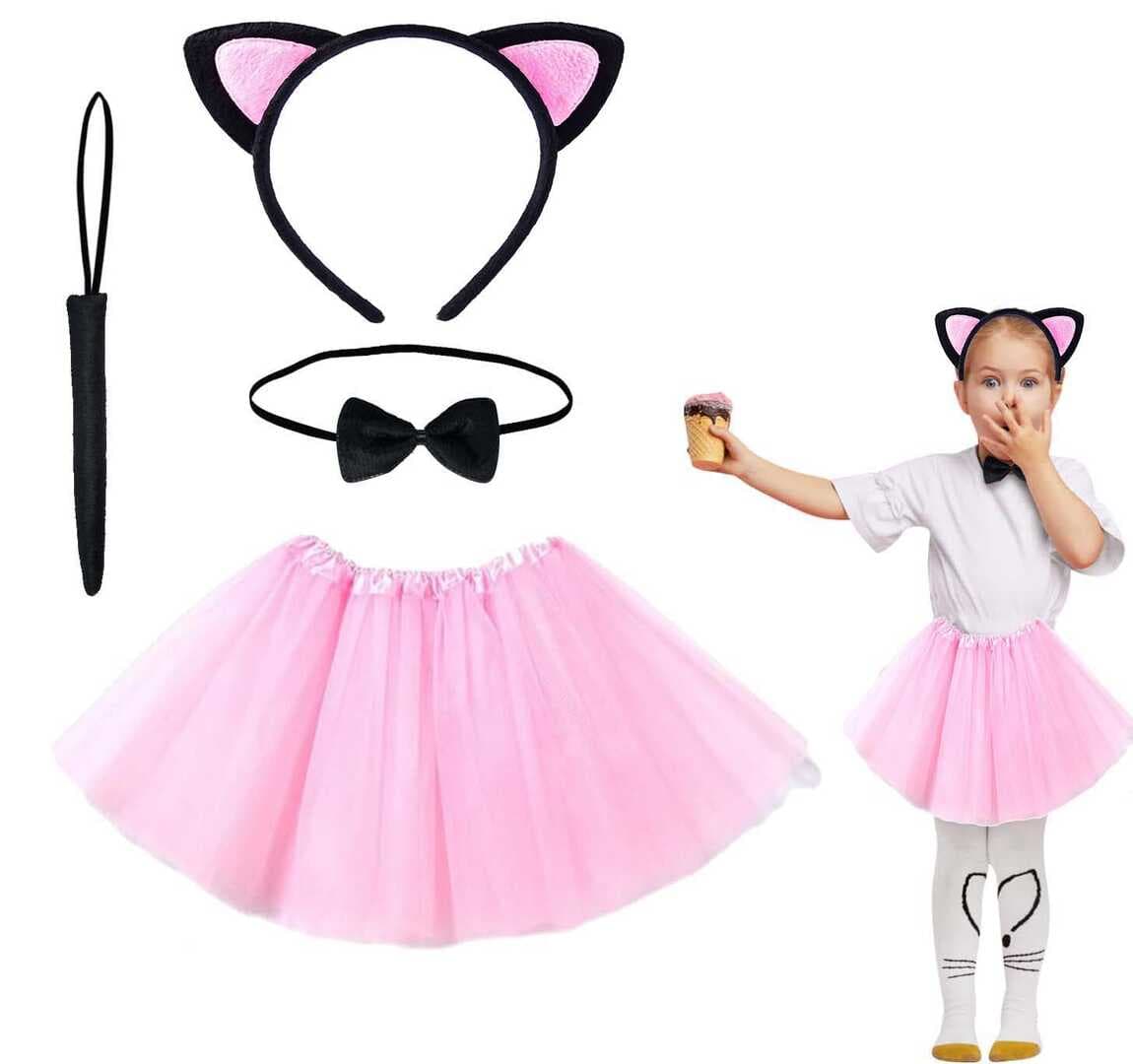 Pembe Renk Etekli Kedi Kostüm Seti (Tütü, Taç, Papyon, Kuyruk) (5430)