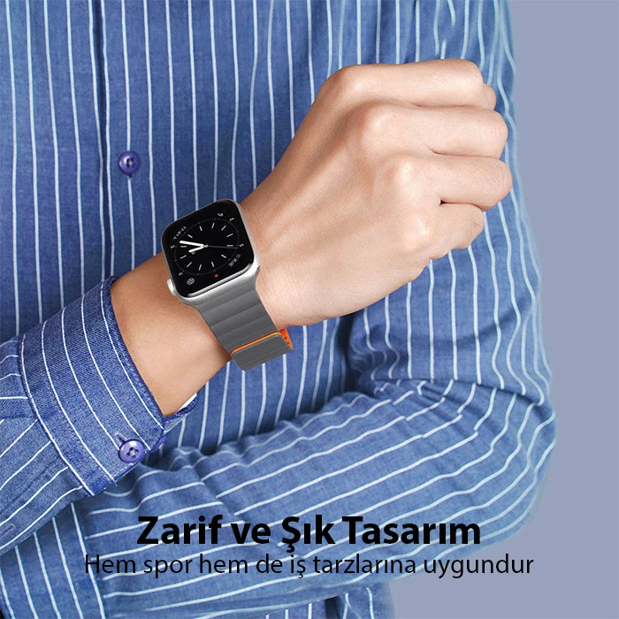 DUX DUCIS Apple Watch 42/44/45MM için Manyetik Zincir Versiyon PU Deri Kayış Kordon-(5775)