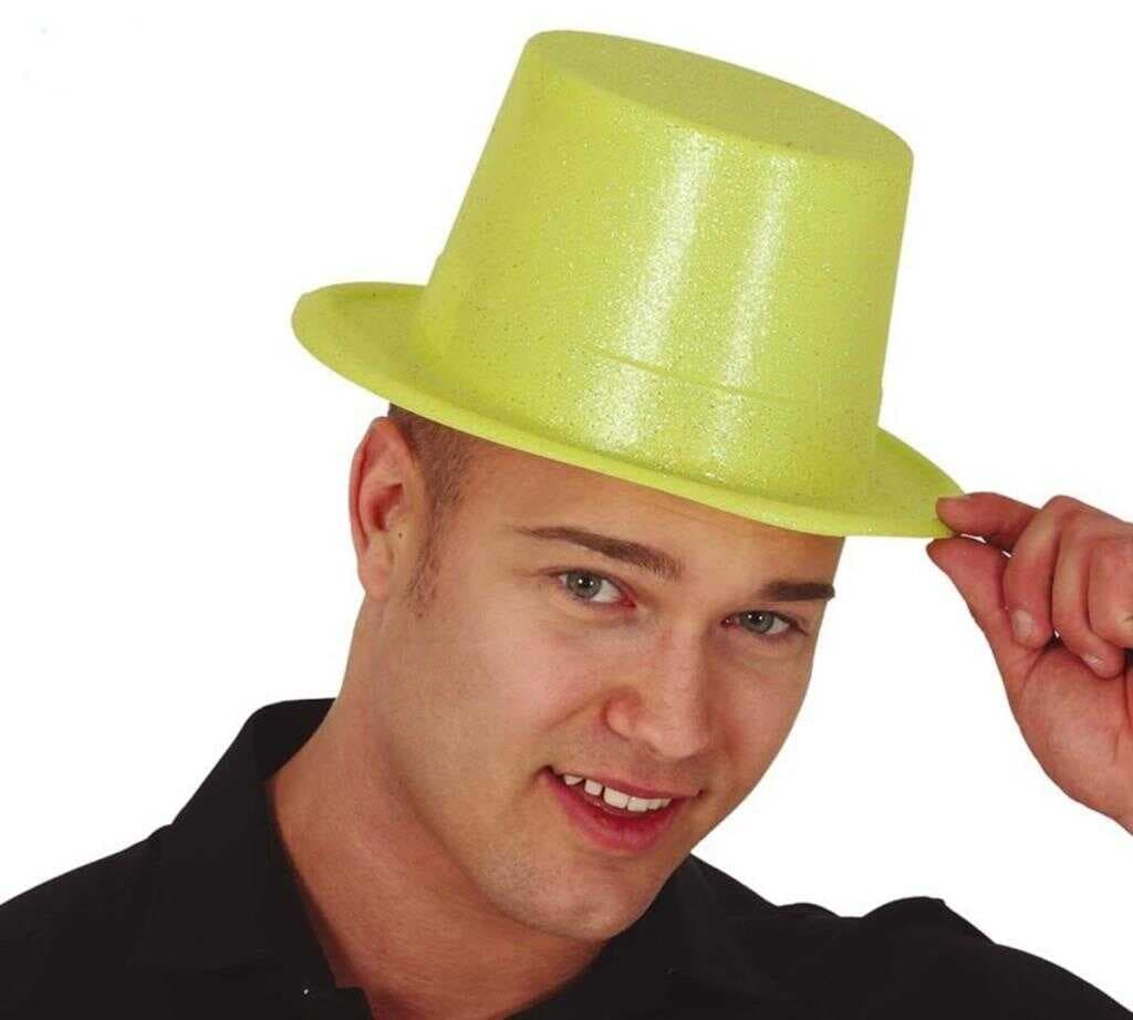 Nessiworld   Floresan Sarı Renk Simli Uzun Fötr Melon Şapka 12 cm