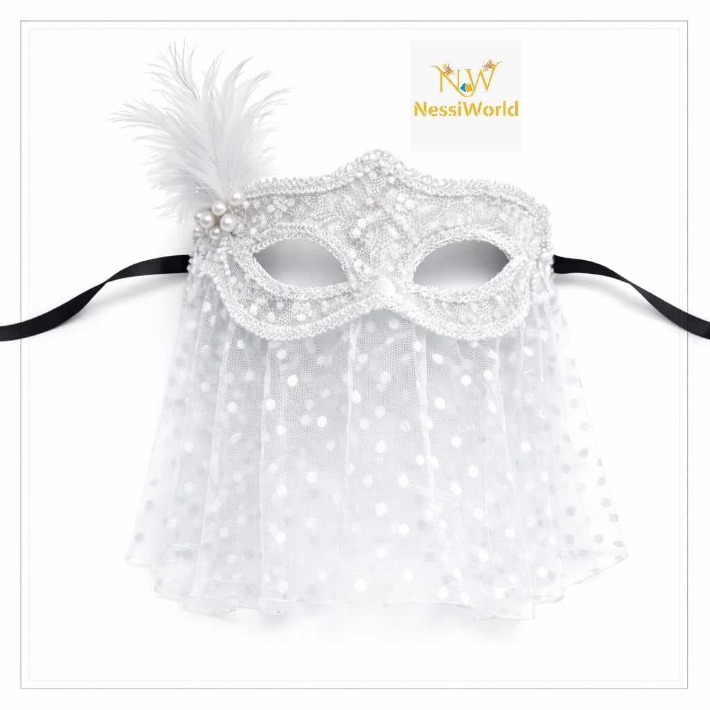Beyaz Dantel Tüllü Peçeli Parti Maskesi – Tüylü İnci Detaylı