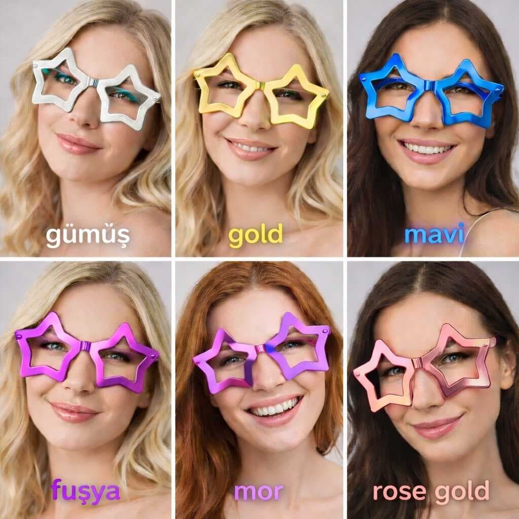 Yıldız Parti Gözlüğü 12&amp;#39;li Set – 6 Renk ( Camsız )