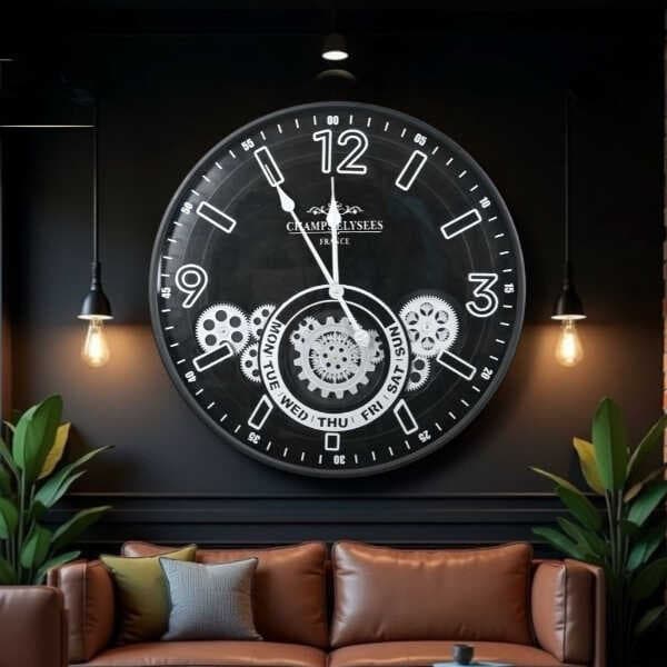 Çarklı Duvar Saati Gümüş Detaylı 59 cm