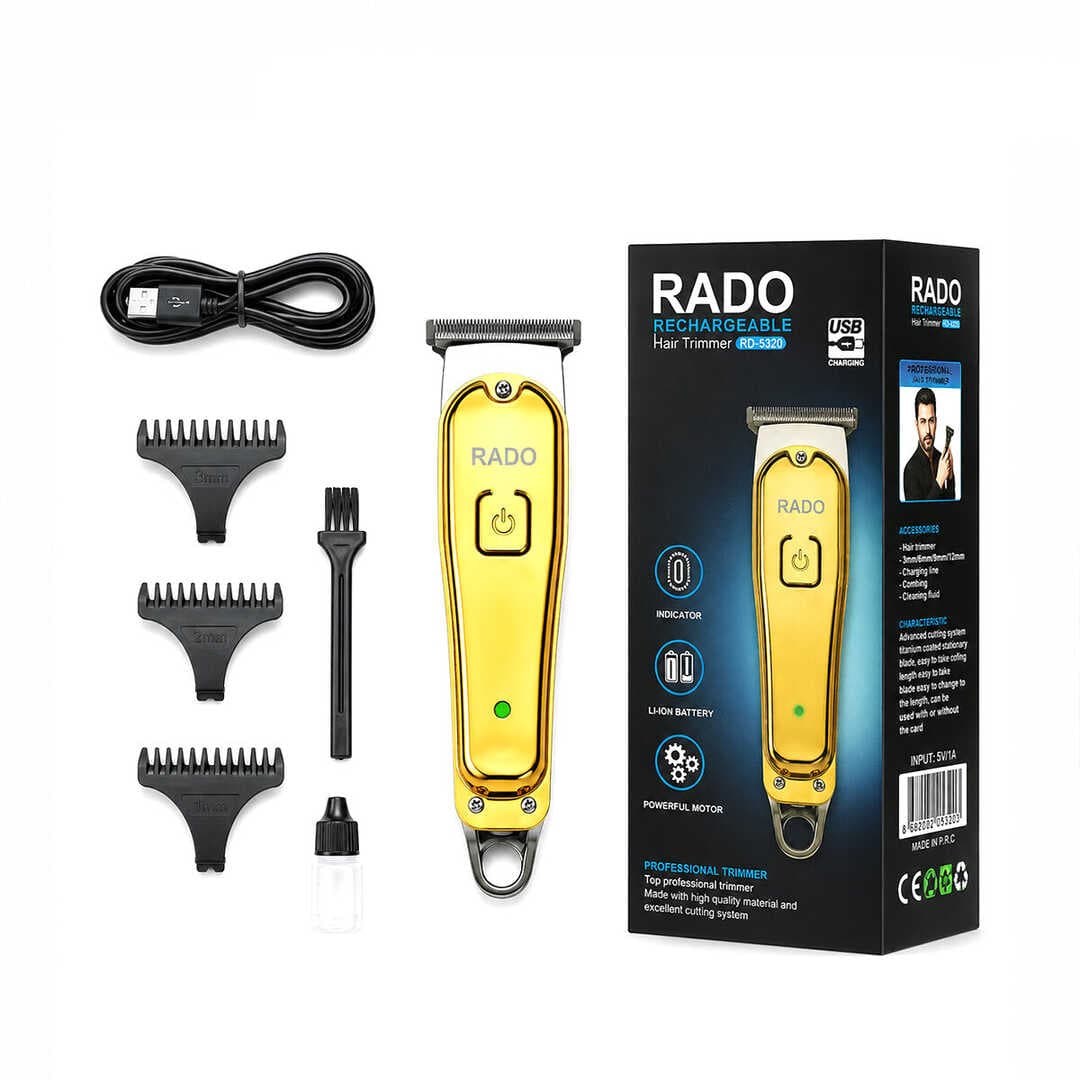 SARI METAL KAPLAMA - USB SARJLI - T BIÇAK 3 KESİM TARAK - YAĞ ŞİŞE - TEMİZLEME FIRÇA SAÇ SAKAL KESME - TRAŞ MAKİNE RD-3638 (5430)