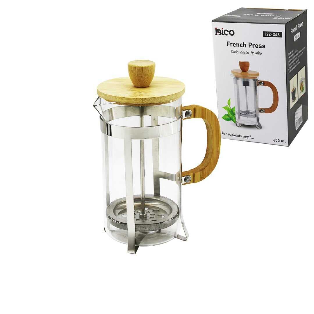 FRENCH PRESS METAL KAFES - BAMBU SAP BAMBU KAPAK 600ML CAM BİTKİ SÜZGEÇİ (5430)