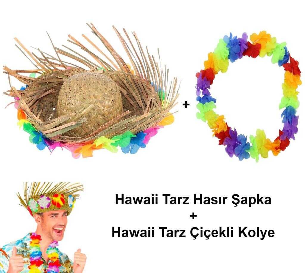 Nessiworld Hawaii Tarzı Tropikal Çiçekli Hasır Şapka ve Çiçekli Hawaii Kolye