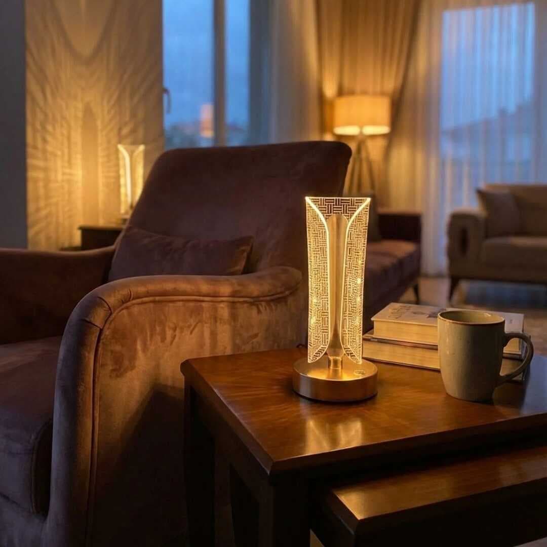 İki Yandan Kavisli Silindirik Çizgi Model Kristal LED Masa Lambası – Dokunmatik, 3 Renk Işık Modlu, Şarjlı Dekoratif Gece Lambası (5430)