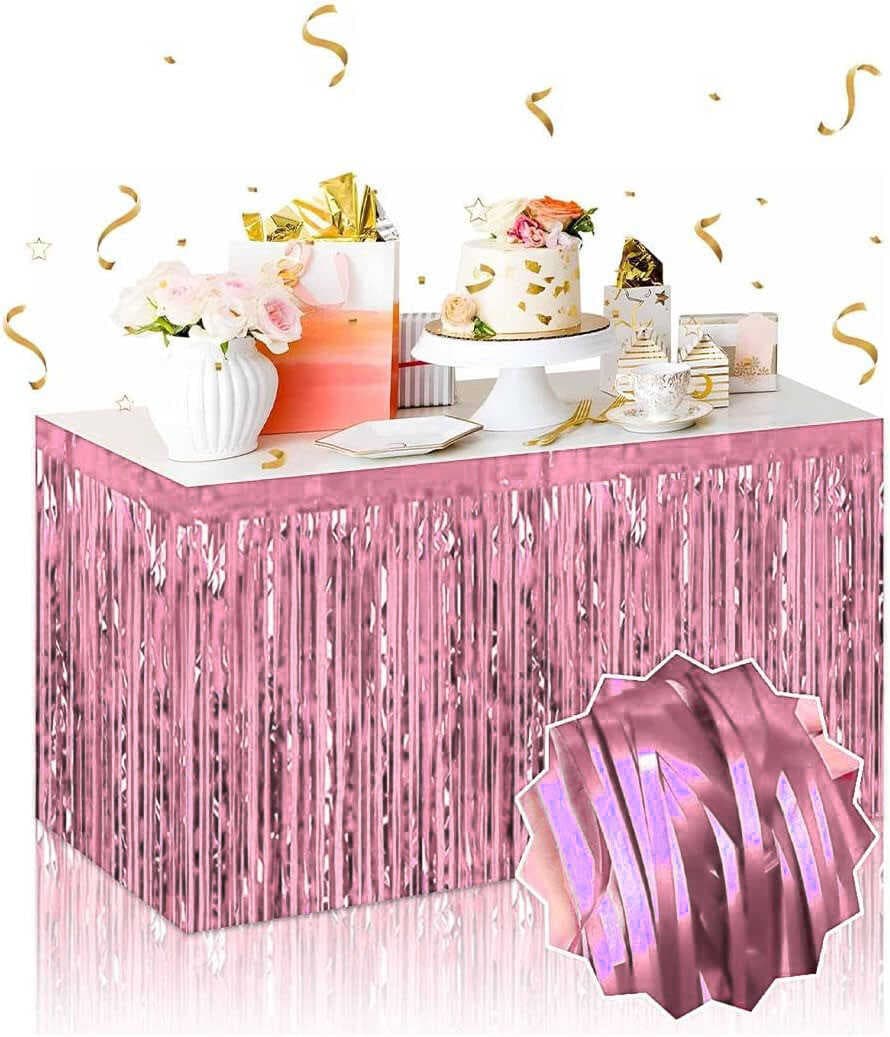 Kendinden Yapışkanlı Rose Gold Metalize Püsküllü Masa Eteği – 75 x 275 cm Parti Süslemesi (5430)