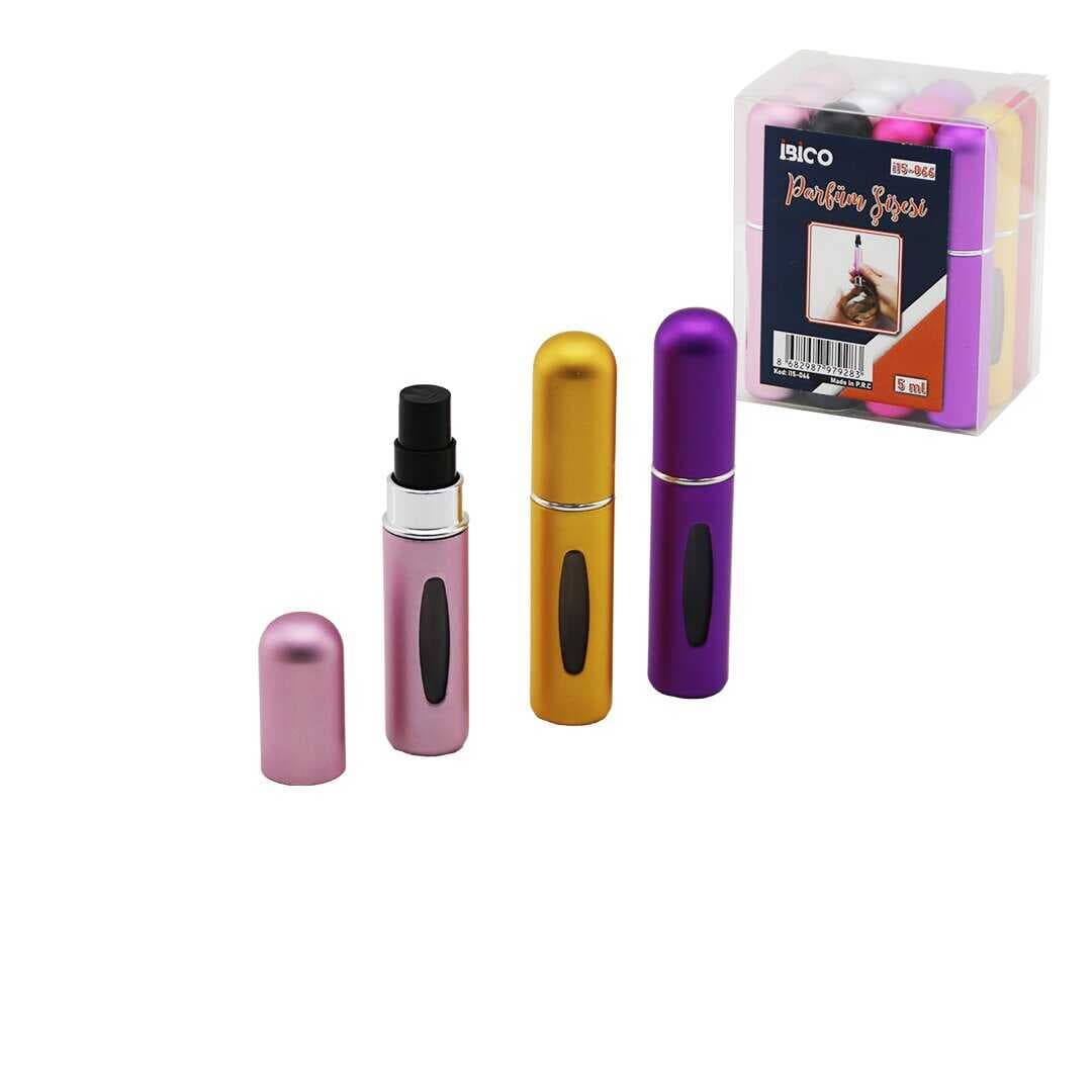 12 ADET MİNİ=CEP - ÇANTA BOY BOŞ SPREY PARFÜM ŞİŞESİ 5ML RENKLİ PLS. SEVİYE PENCERELİ (5430)