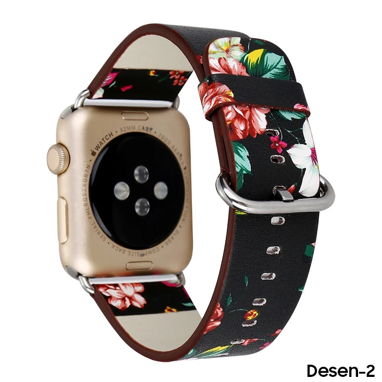 Ally Apple Watch 7-8 45mm 6-5-4 44mm Gül Desenli Pu Deri Kordon Kayış 3-2-1 42mm-(5775)