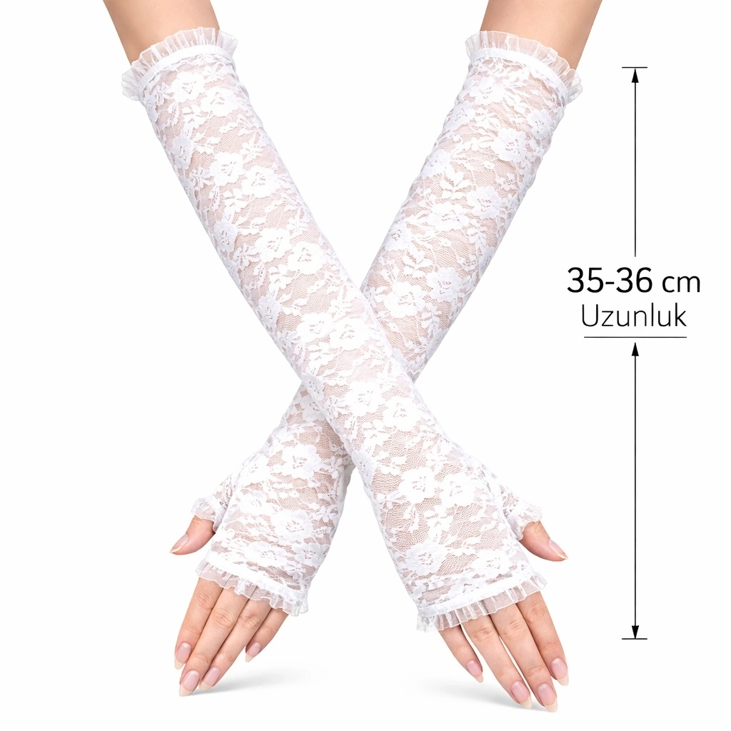 Uzun Zarif Dantel Eldiven Parmaksız Beyaz 35 Cm