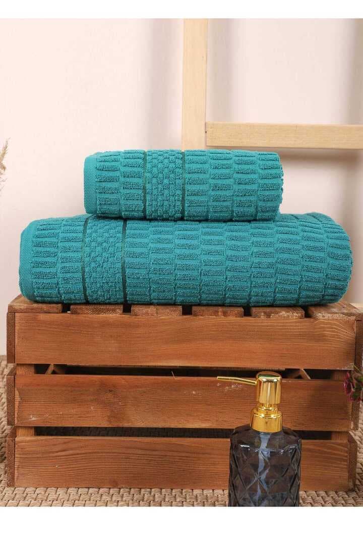 2 Parça Banyo Havlu Takımı %100 Pamuklu Çubuk Desen Yeşil