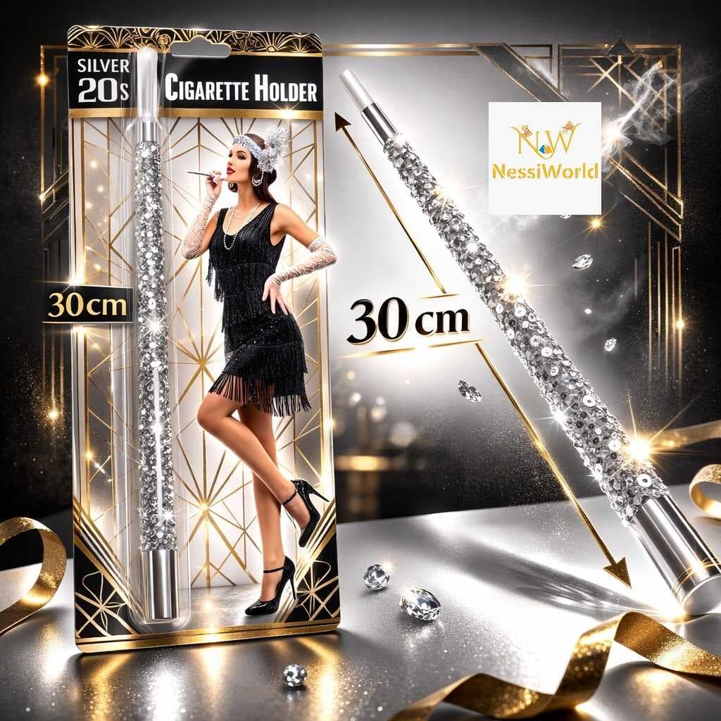 30 cm Gümüş Payetli Sigara Tutacağı – 1920’ler Gatsby Parti Aksesuarı
