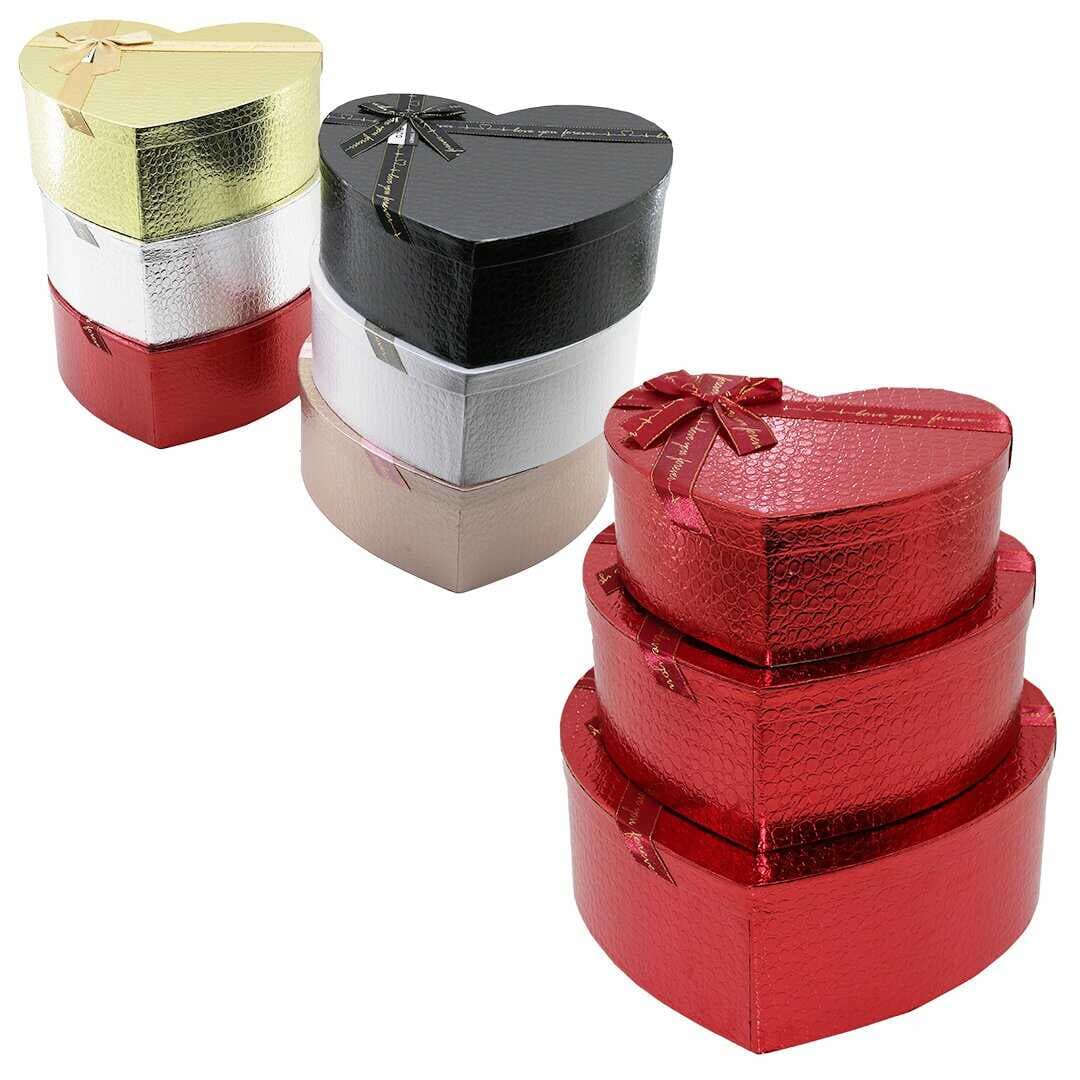 3PCS KALP PARLAK MİX RENKLİ - KABARTMA DESEN KARTON HEDİYE KUTUSU KURDELALI 31X28-27X24-23X20CM (5430)