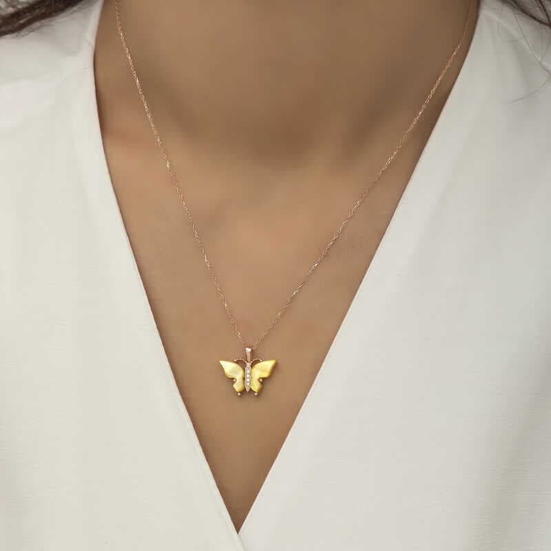 925 Ayar Gümüş Rose Sarı Kaplangözü Taşlı Kelebek Kolye (T5918) (477477)