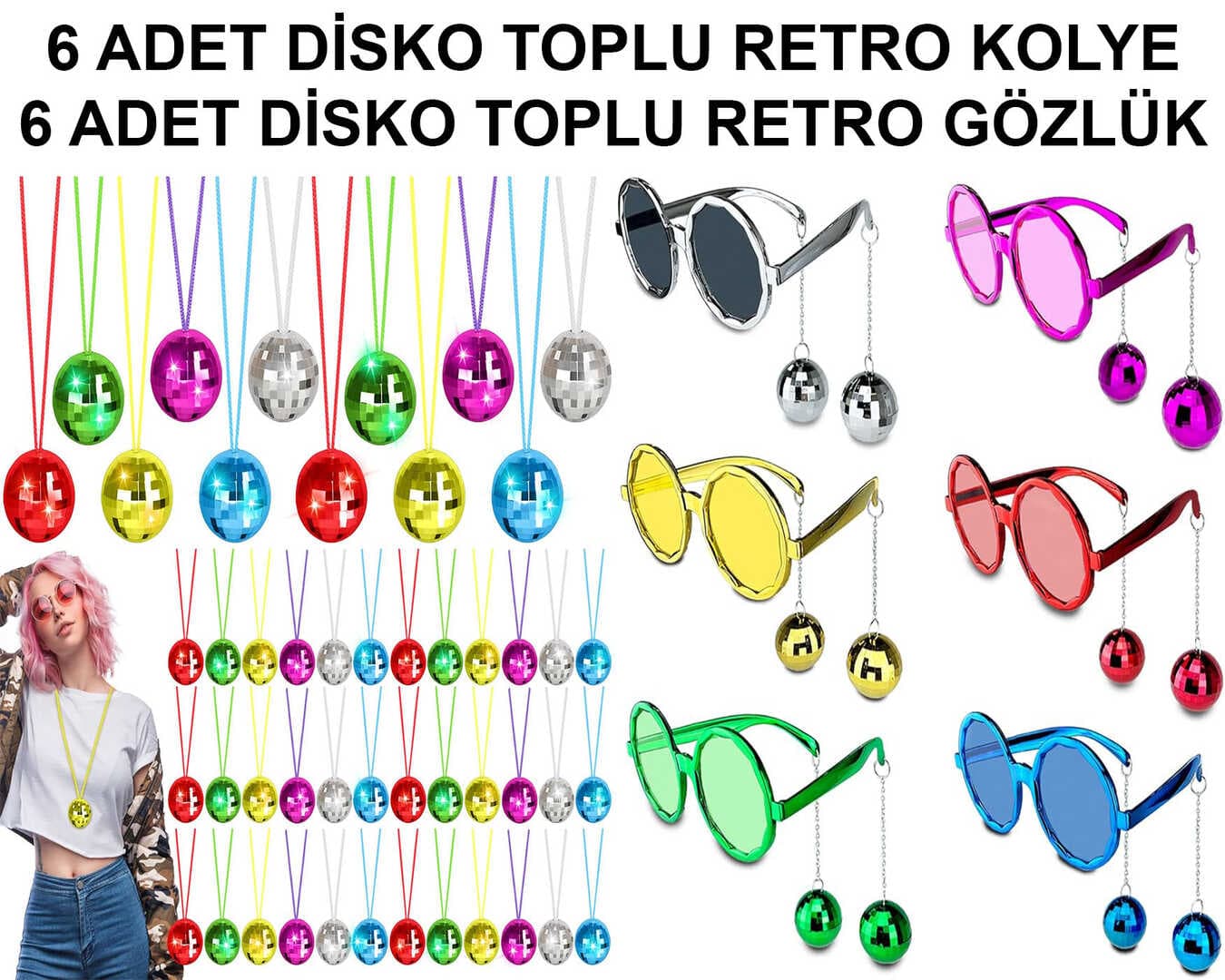 12 Parça Renkli Disko Toplu Retro Parti Seti – 6 Kolye + 6 Gözlük (5430)