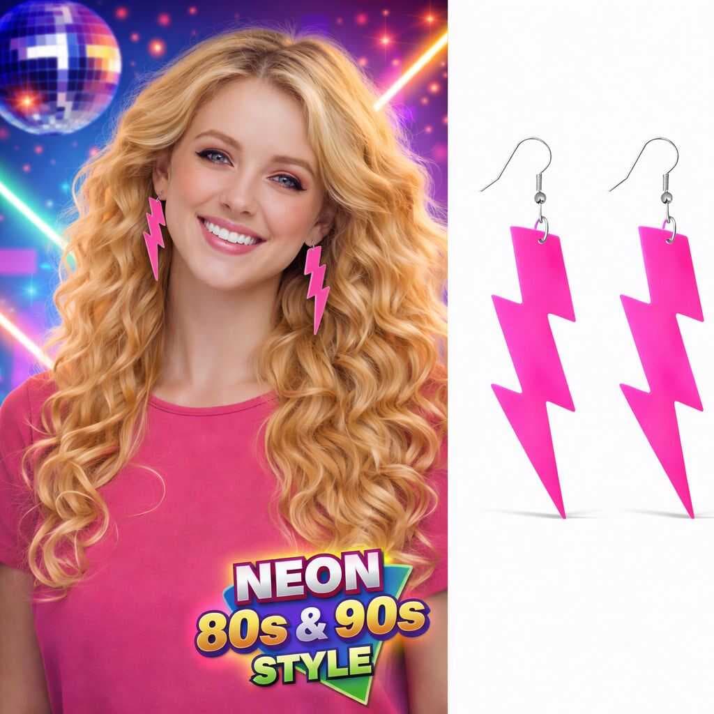 80’ler 90&amp;apos;lar Retro Neon Pembe Şimşek Küpe 10 cm (5430)
