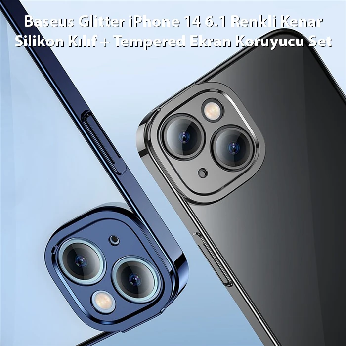Baseus Glitter iPhone 14 6.1 Renkli Kenar Silikon Kılıf + Tempered Ekran Koruyucu Set-(5775)