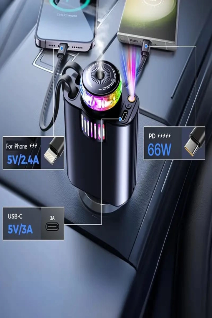 Led Işık Aydınlatmalı 45w Hava Nemlendirici 5’1 Arada Şarj Cihazı Araç İçi Çakmaklık Şarj Aleti