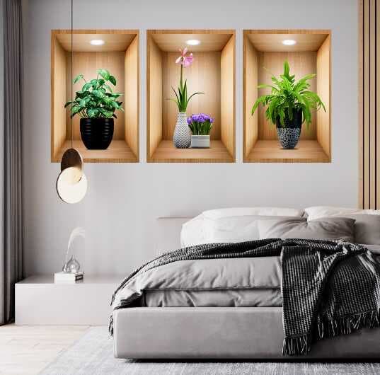 Nessiworld 3D Çiçek Vazo Duvar Sticker 3 lü Set Kahverengi Fon