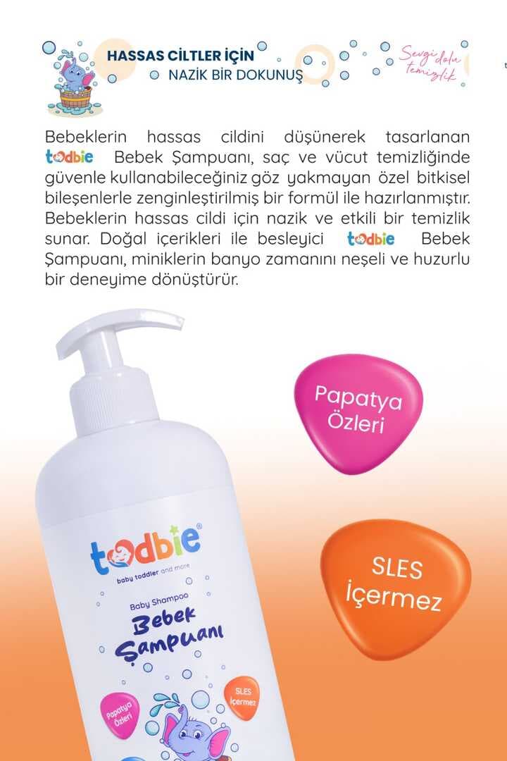 TODBİE 500 ml 1 Alana 1 Bedava 500 ml Bebek Şampuanı - Göz Yakmayan, Papatya Özlü, Sles İçermez