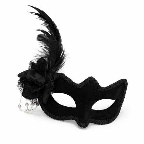 Beyaz İnci Detaylı Siyah Süet Venedik Kadın Maskesi Tüylü Güllü