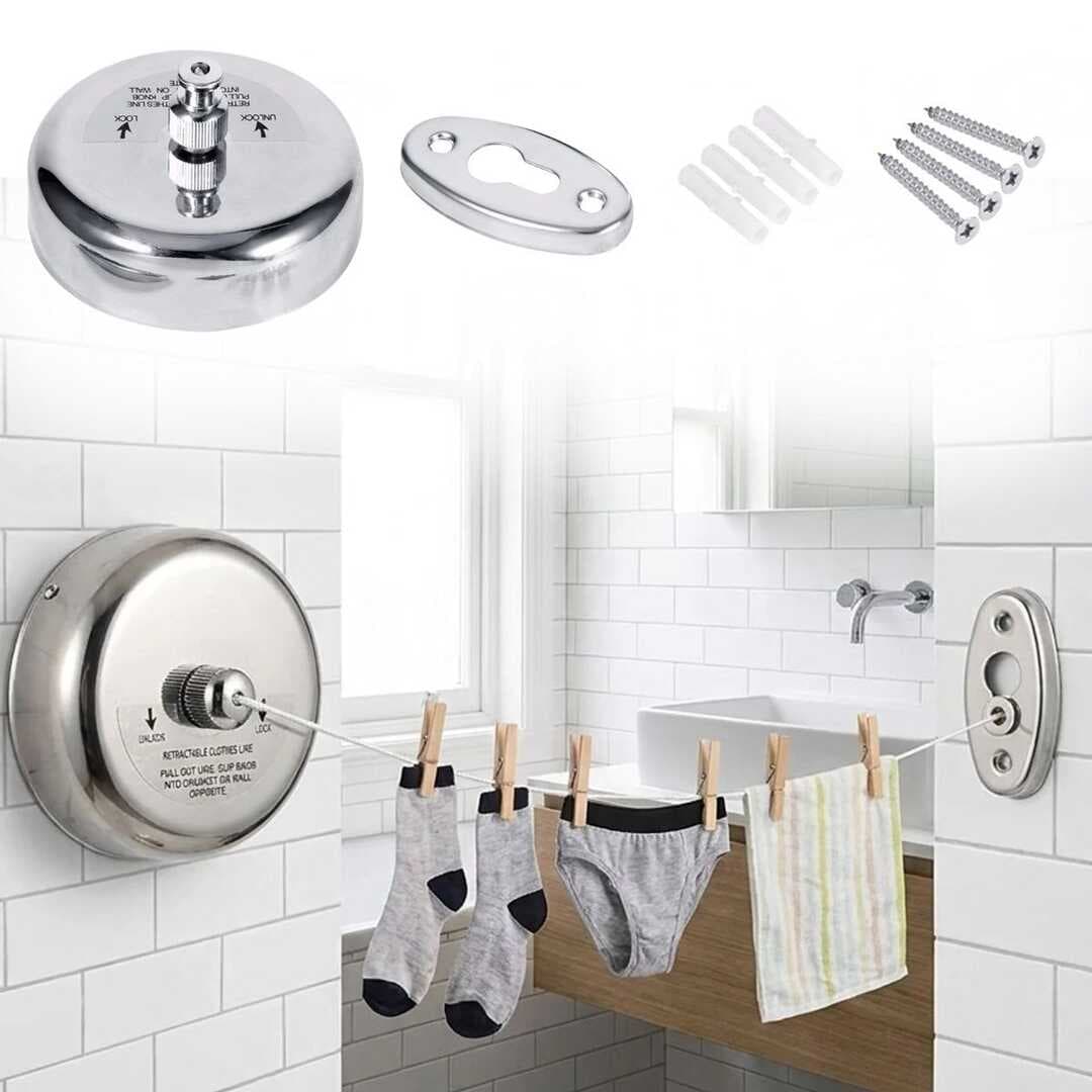 Paslanmaz Çelik Geri Çekilebilir Çamaşır İpi – Duvar Tipi Duvara Monte Banyo,Balkon,Bahçe Çamaşır Kurutma Askısı (5430)