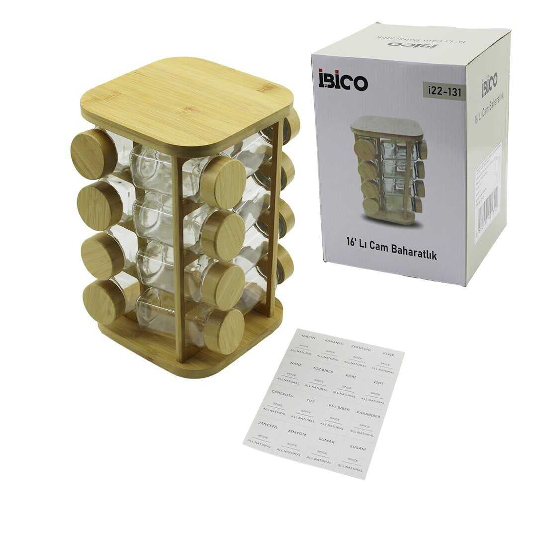 16PCS KARE - DÖNER STANDLI CAM - BAMBU KAPAK TUZLUK - BAHARATLIK BAMBU STAND (5430)