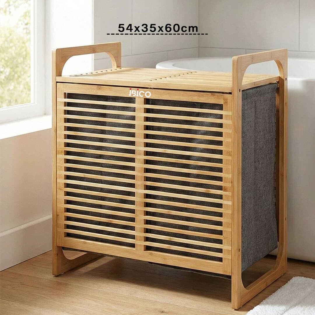 KALIN AHŞAP BAMBU 2 BÖLMELİ KİRLİ ÇAMAŞIR SEPETİ KUMAŞ ÇANTALI SEPET=54X35X60CM (5430)