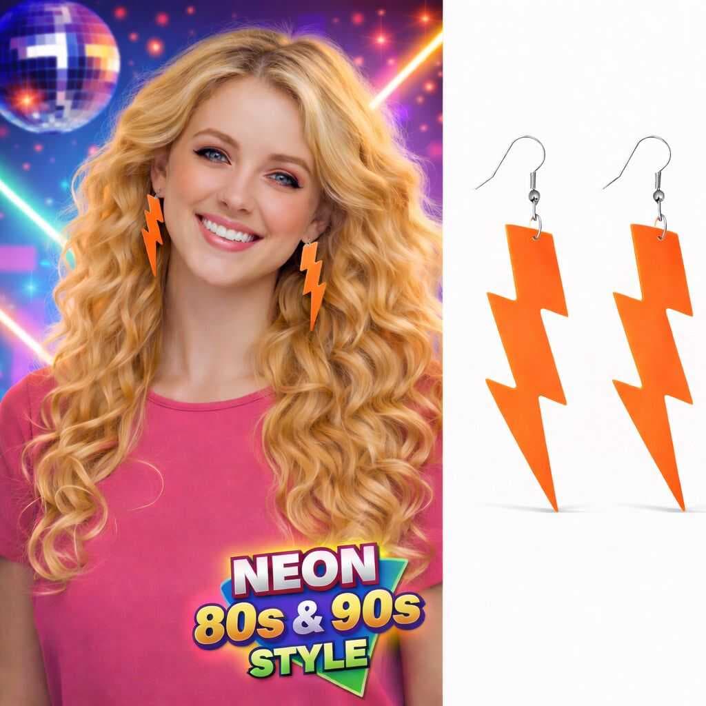 80’ler 90&amp;apos;lar Retro Neon Turuncu Şimşek Küpe 10 cm (5430)