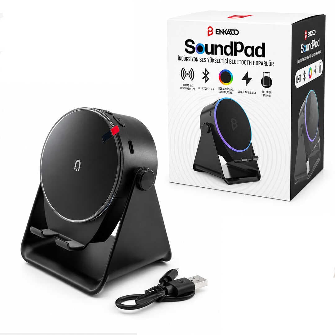 SoundPad Bluetooth Hoparlör - İndüksiyon Temas Özellikli - Telefon Standlı - Type-C Şarj - RGB Ambiyans Aydınlatma