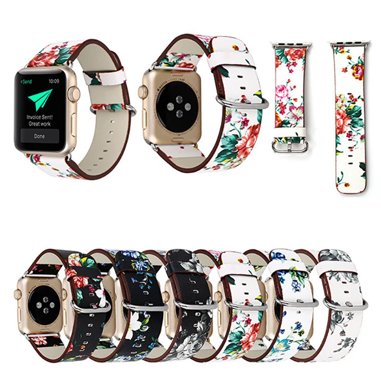 Ally Apple Watch 7-8 45mm 6-5-4 44mm Gül Desenli Pu Deri Kordon Kayış 3-2-1 42mm-(5775)