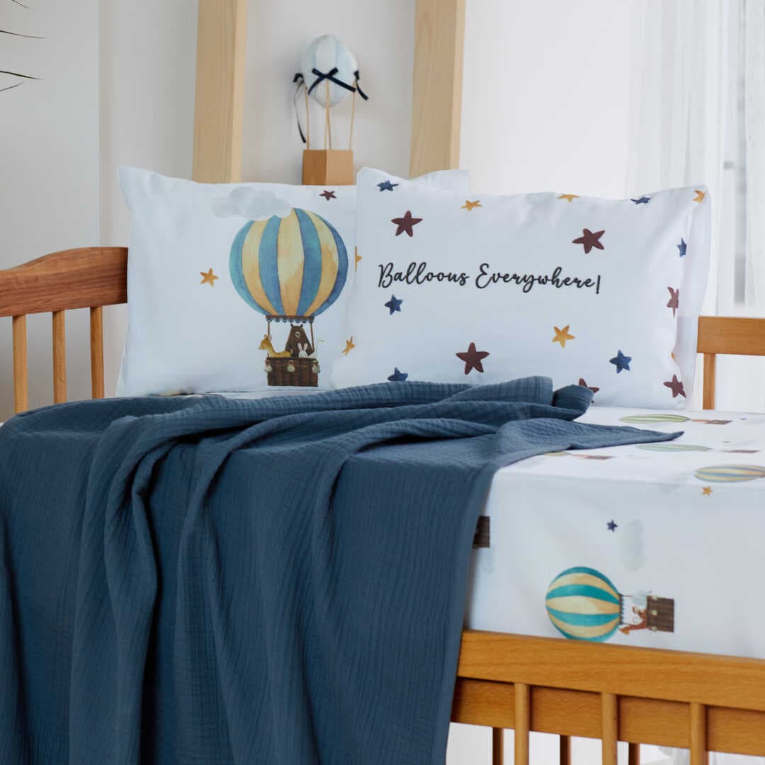 ARBABABY ORGANİK BASKILI %100 PAMUK MÜSLİN PİKELİ BEBEK NEVRESİM TAKIMI - YILDIZ VE UÇAN BALON TEMALI