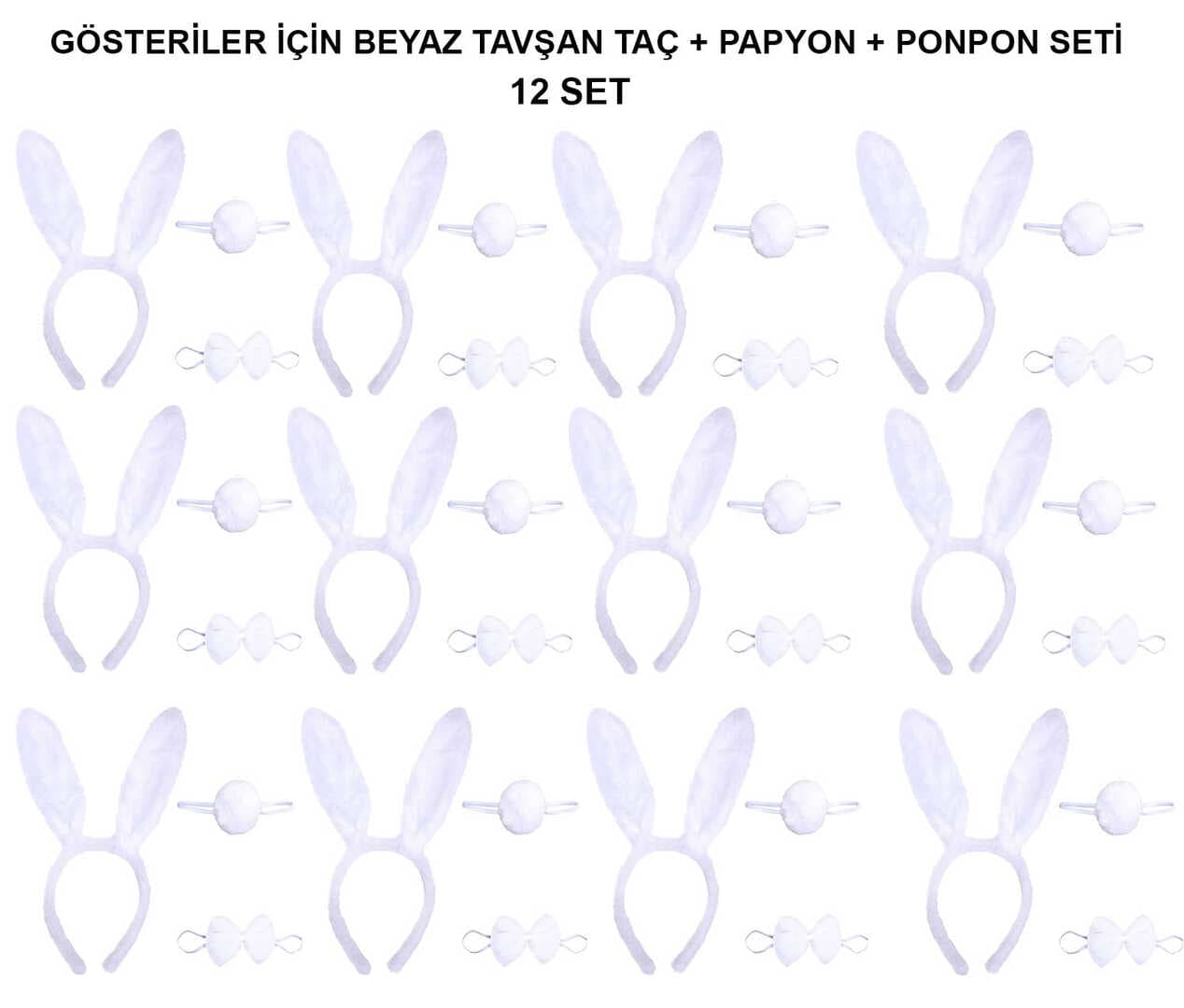 Beyaz Tavşan Kostüm Seti – Taç, Papyon, Kuyruk (12’li Paket) (5430)