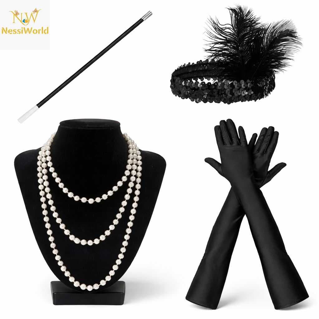 1920’ler Çarliston Aksesuar Seti – İnci Kolye, Eldiven, Sigara Tutucu, Siyah Saç Bandı